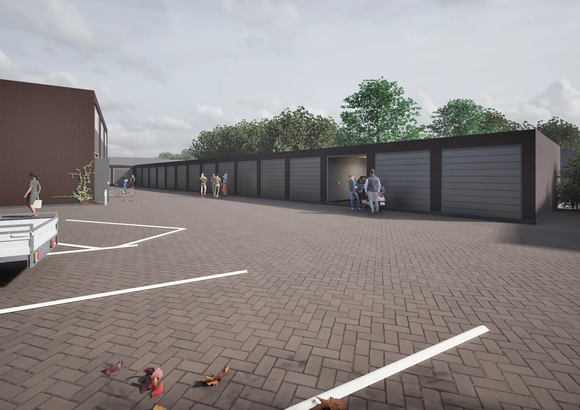 Rij garageboxen op het terrein aan de Kolfbaanstraat